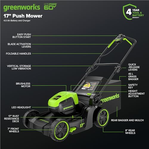 Greenworks 60V Brushless Cordless Push Lawn Mower – 17″ (43 cm) Deck, 4.0 Ah Battery & 3 A Rapid Charger, 40 Min Runtime - Image 5
