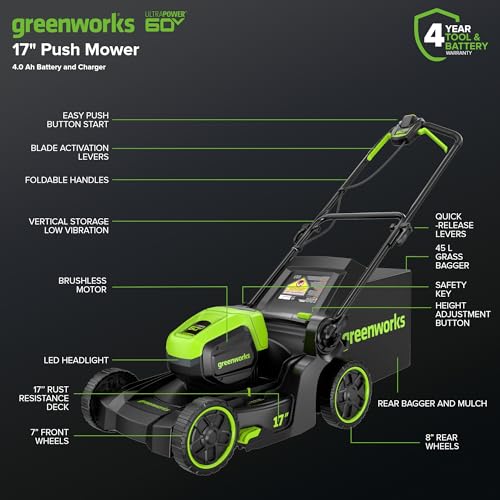 Greenworks 60V Brushless Cordless Push Lawn Mower – 17″ (43 cm) Deck, 4.0 Ah Battery & 3 A Rapid Charger, 40 Min Runtime - Image 42