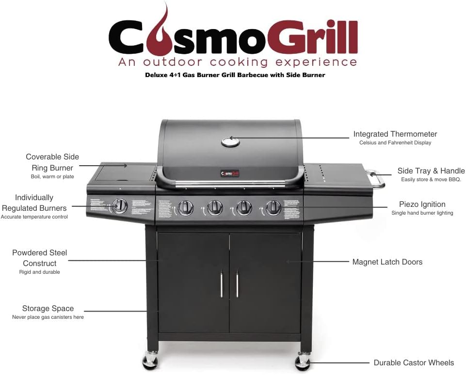 CosmoGrill Pro Deluxe 4+1 Gas Barbecue Grill – 5 Burner Outdoor BBQ with Side Burner, Warming Rack, Thermometer – Large Family Garden Grill (Model 93411) - Image 6