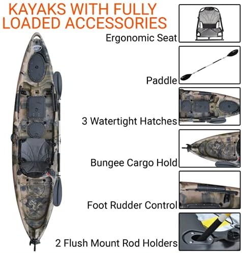 BKC RA220 11.5′ Sit-On-Top Angler Fishing Kayak – Green Camo with Paddles, Upright Chair & Rudder System - Image 3