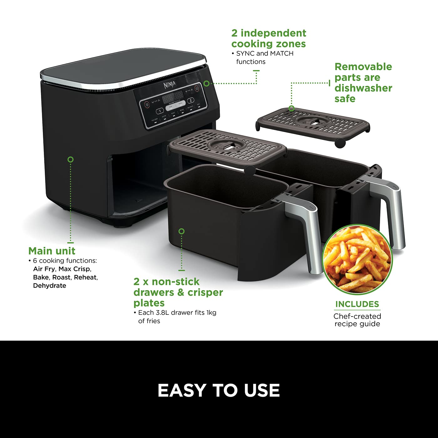 Ninja AF300UK Dual Zone Air Fryer - 7.6L, 2 Drawers, 6-in-1 Cooking, Energy Efficient, Oil-Free, Non-Stick, Dishwasher Safe, Black/Silver - Image 38