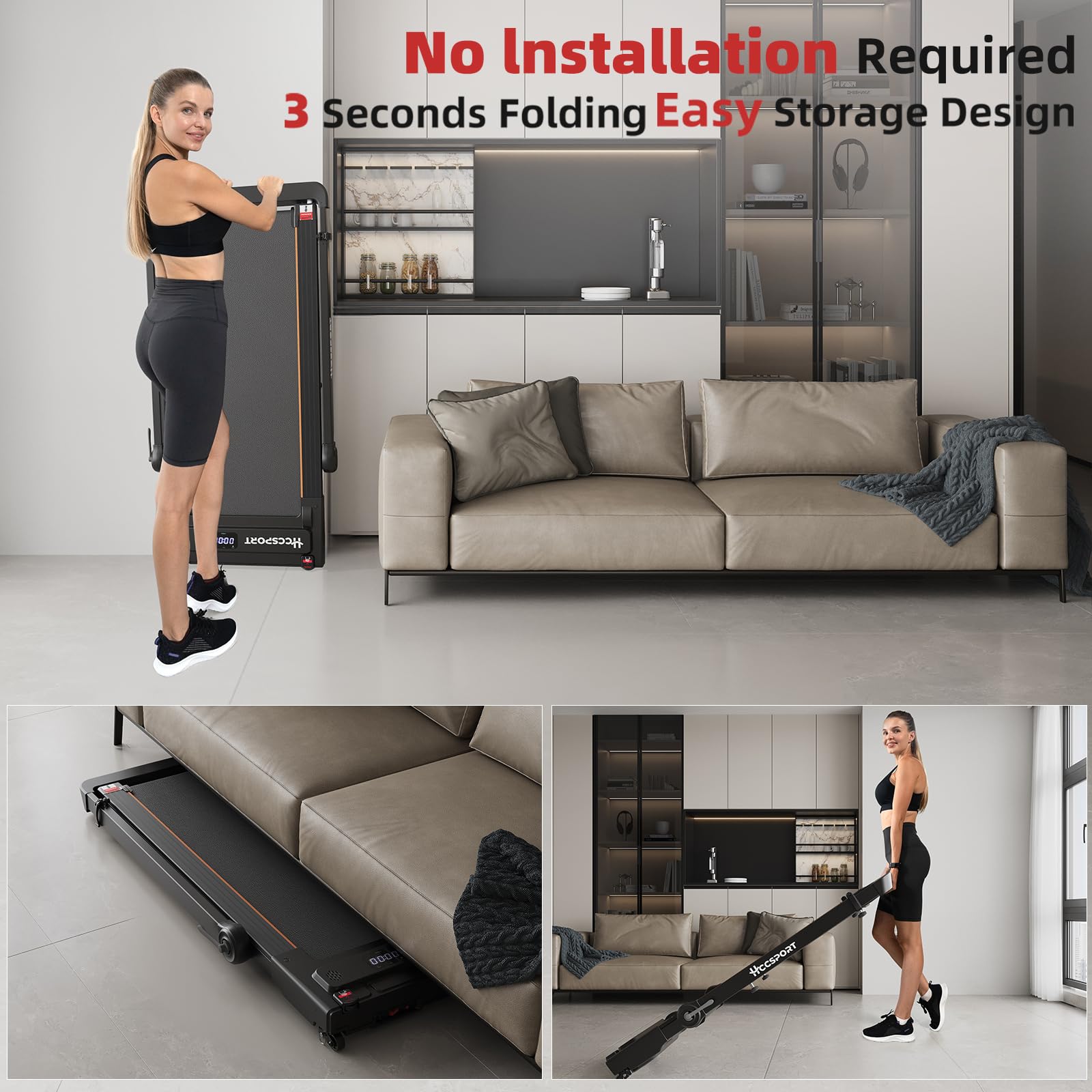 Hccsport 3-in-1 Under Desk Treadmill with Incline & Removable Desk – 3.5 HP Foldable Walking Pad, 0.6–8 MPH, 42.5″×16.5″ Belt, Wristband Remote - Image 8