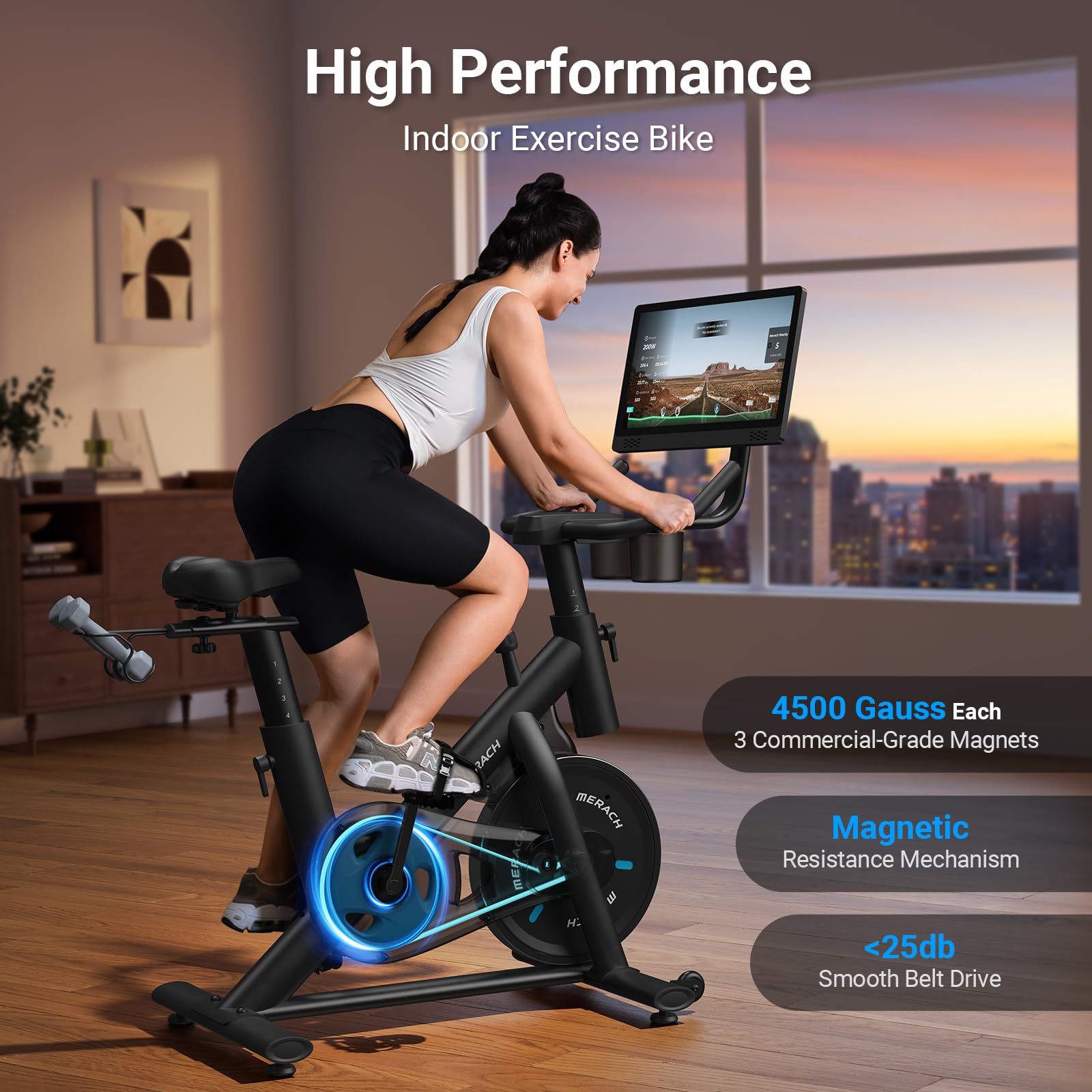 MERACH Stationary Exercise Bike – Quiet Belt-Drive Indoor Cycling with Bluetooth App, 300 lb Capacity, LED Monitor, Tablet Mount & Fitness Courses - Image 9