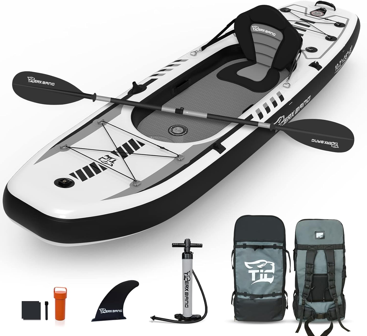 TIGERXBANG 10.2′×35″ Inflatable SUP-Kayak Boat – 500 lb Capacity, Fishing & Touring Set with Oar, Pump, Backpack