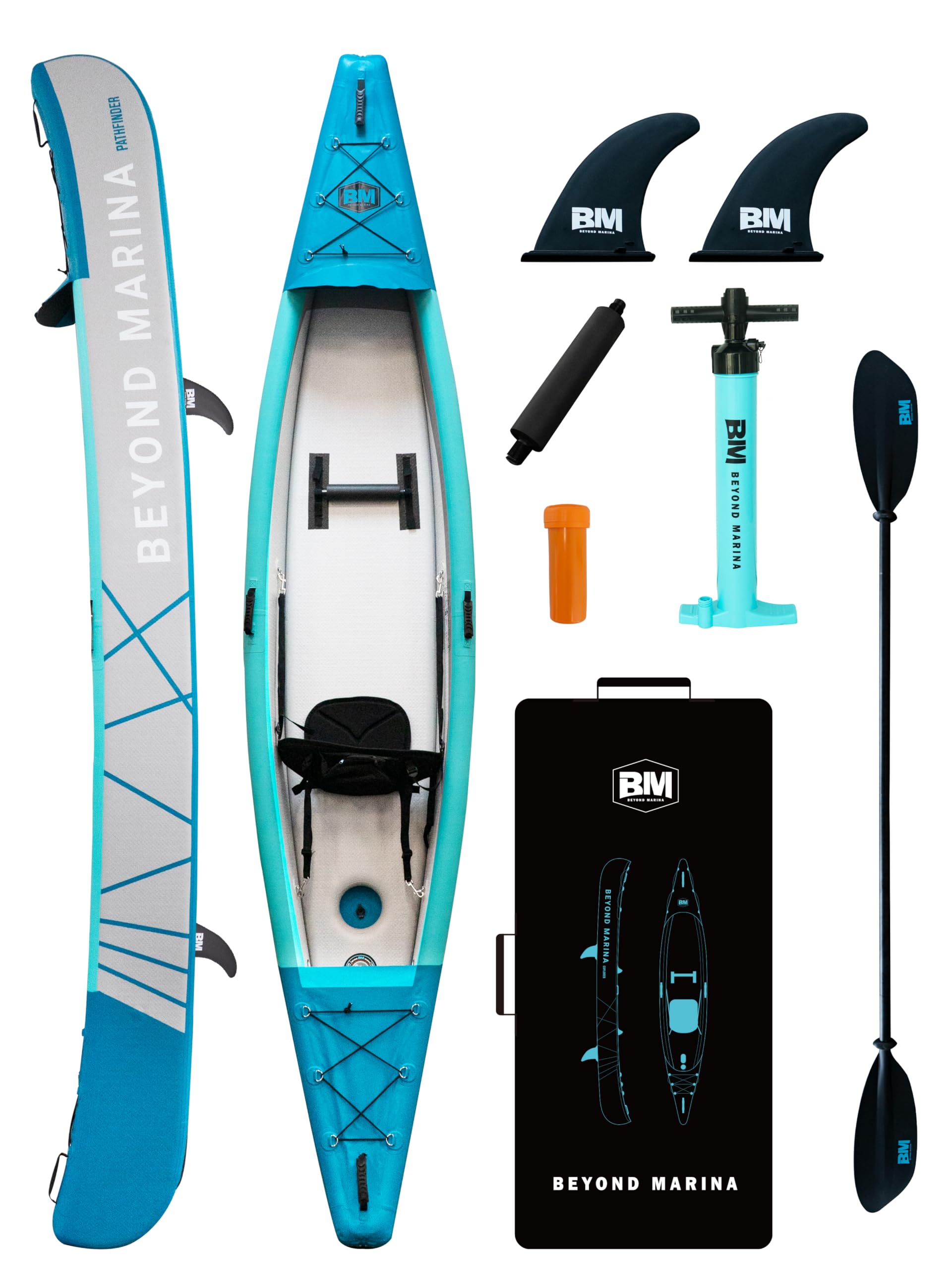 BEYOND MARINA Explorer Tandem Inflatable Kayak – Full Drop Stitch 2-Person Kayak with Paddles, Seats & Pump