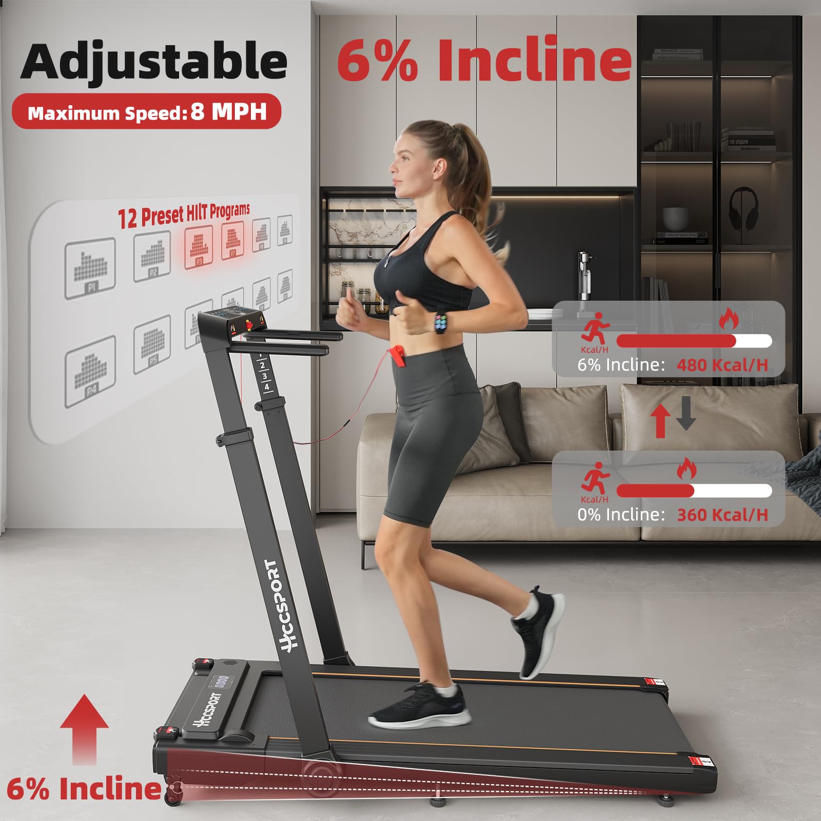 Hccsport 3-in-1 Under Desk Treadmill with Incline & Removable Desk – 3.5 HP Foldable Walking Pad, 0.6–8 MPH, 42.5″×16.5″ Belt, Wristband Remote - Image 5