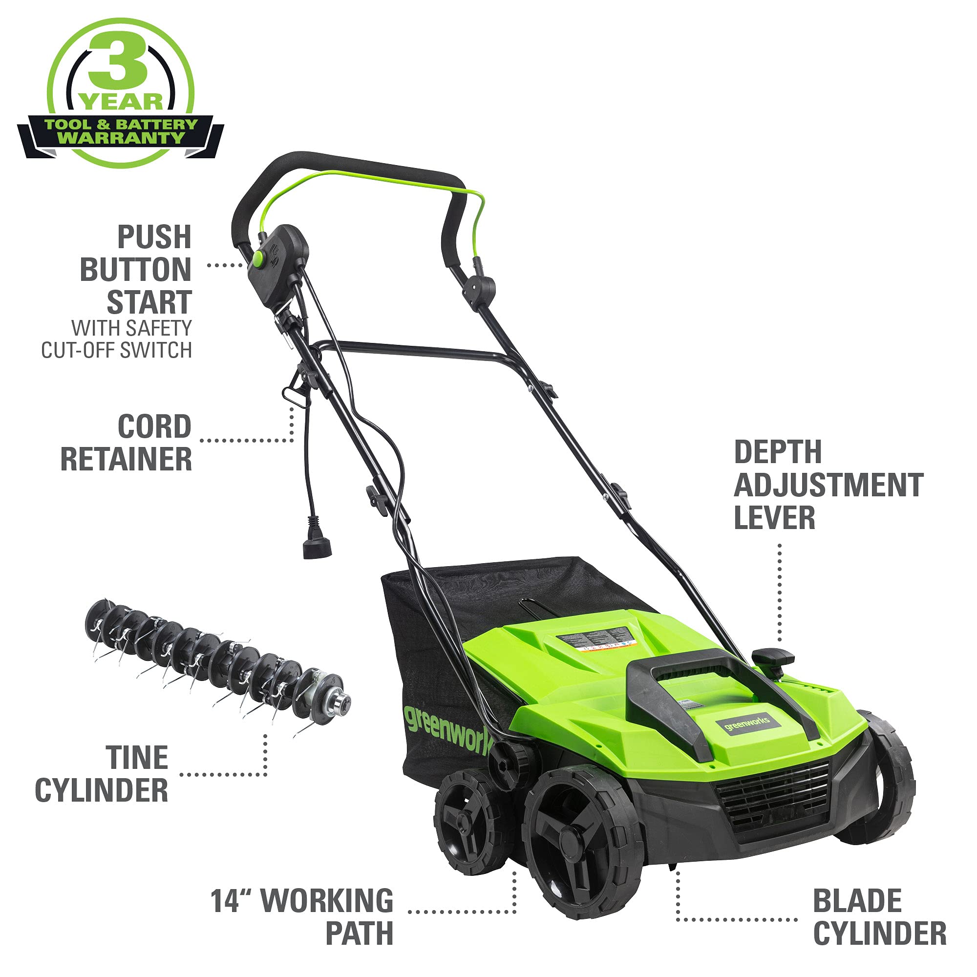 Greenworks 13 Amp Corded Dethatcher & Scarifier – 14″ (35.6 cm) Deck, 5-Position Depth (DT13B00) - Image 4