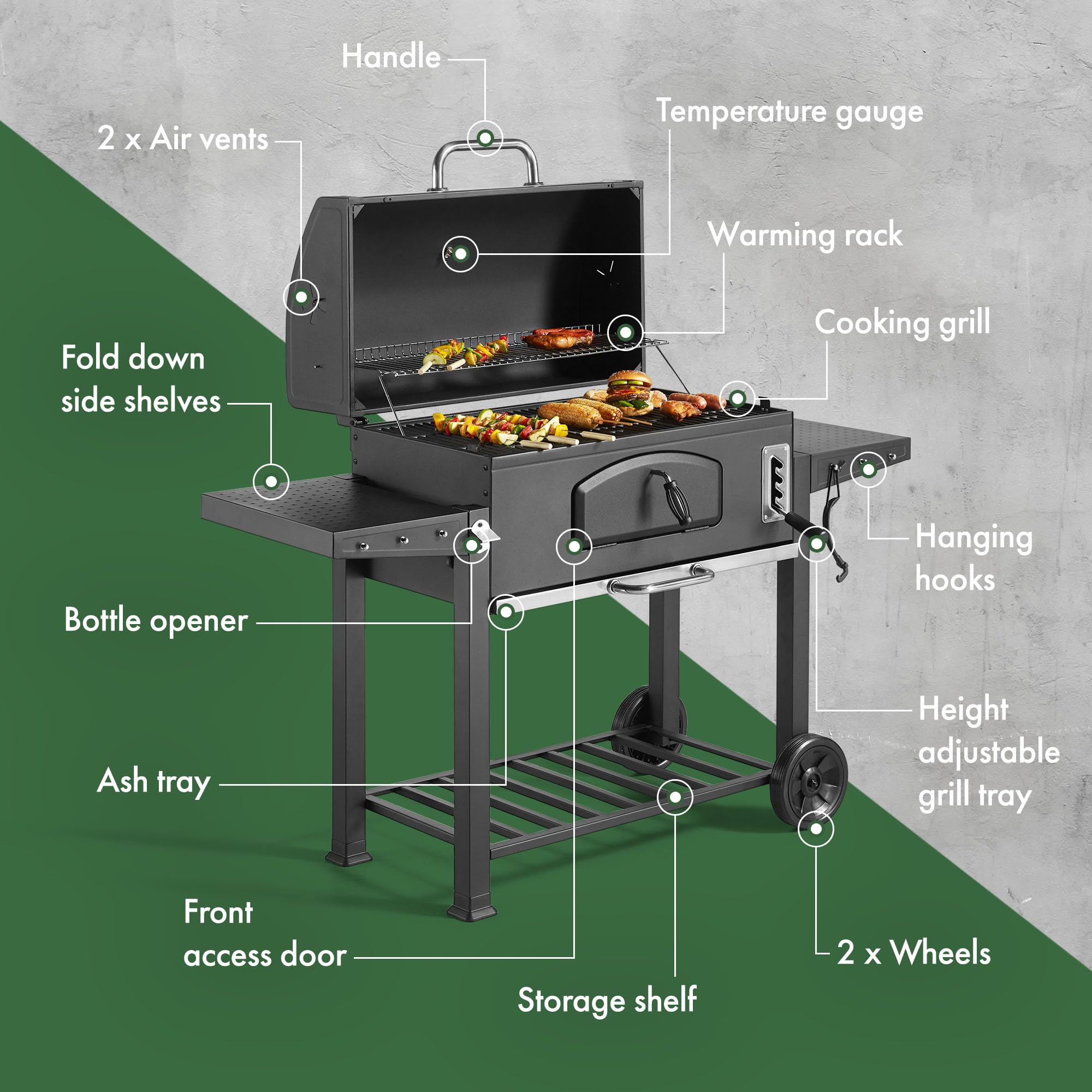 VonHaus XL Charcoal BBQ Grill & Smoker – Portable Barbecue with Warming Rack, Side Shelves, Wheels, Temperature Gauge – Outdoor Cooking for Meat, Fish & Veg - Image 18