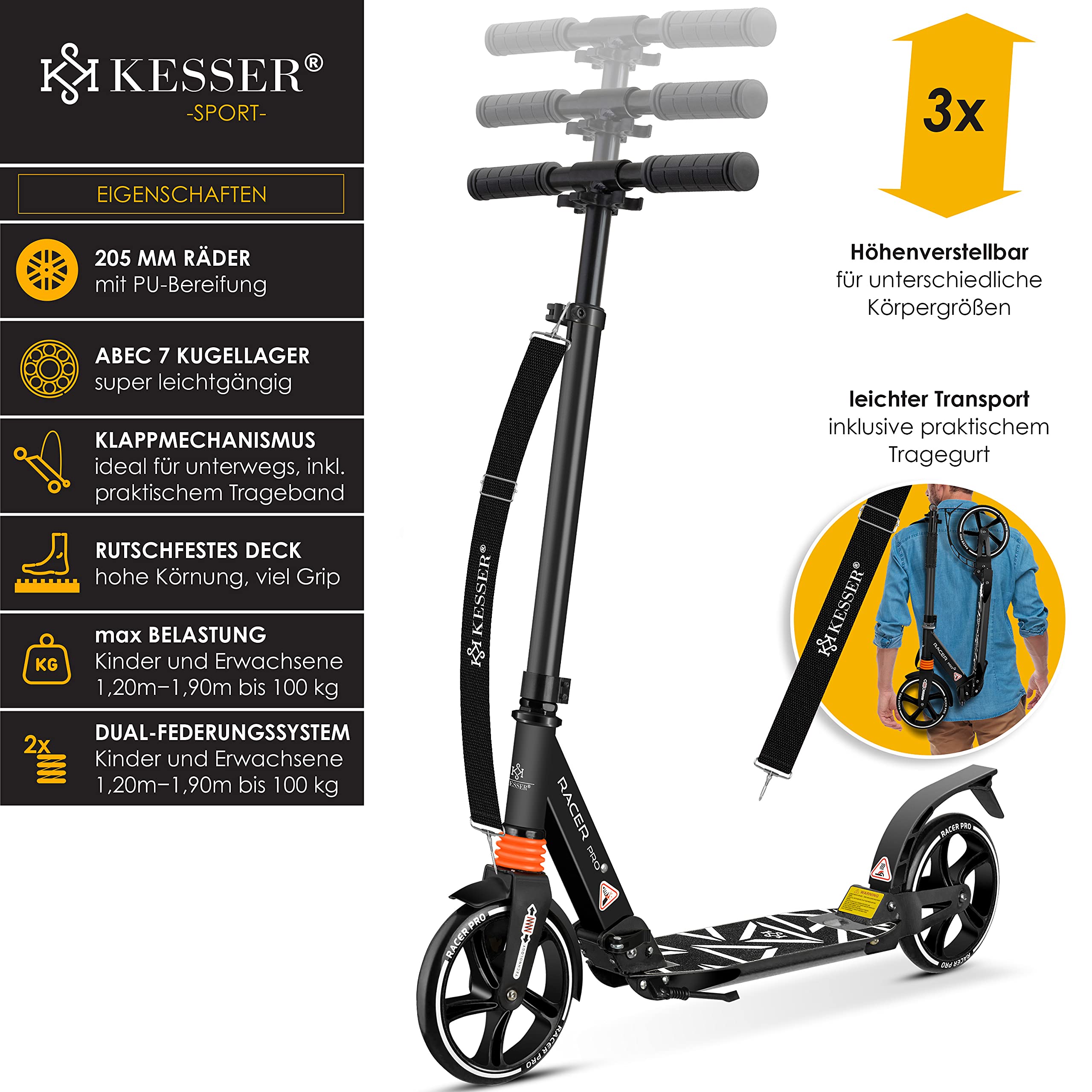 KESSER Pro-S Foldable Kick Scooter – 205 mm Wheels, Lightweight Aluminum, Adjustable Handlebar, 100 kg Max - Image 9