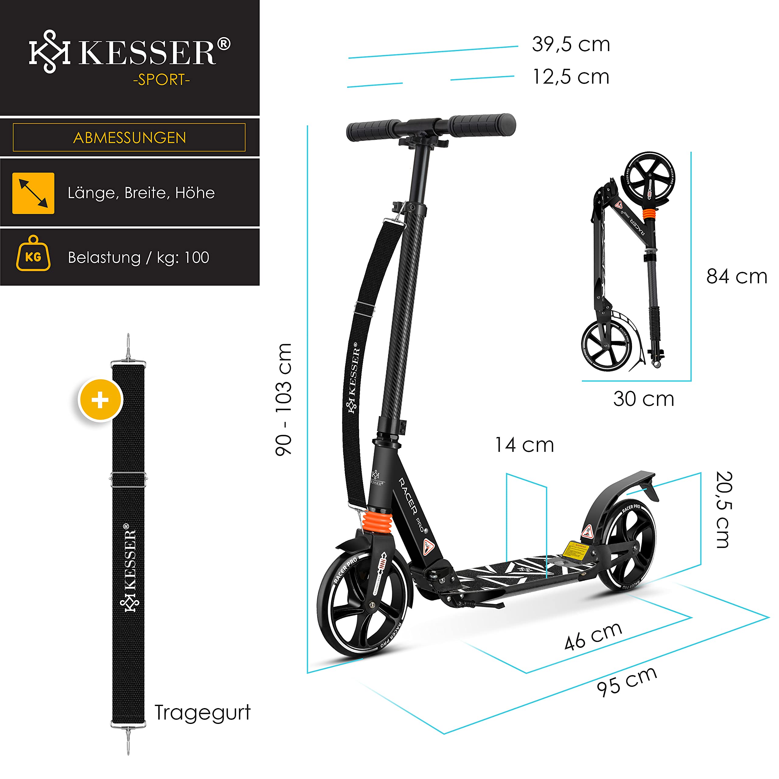 KESSER Pro-S Foldable Kick Scooter – 205 mm Wheels, Lightweight Aluminum, Adjustable Handlebar, 100 kg Max - Image 8