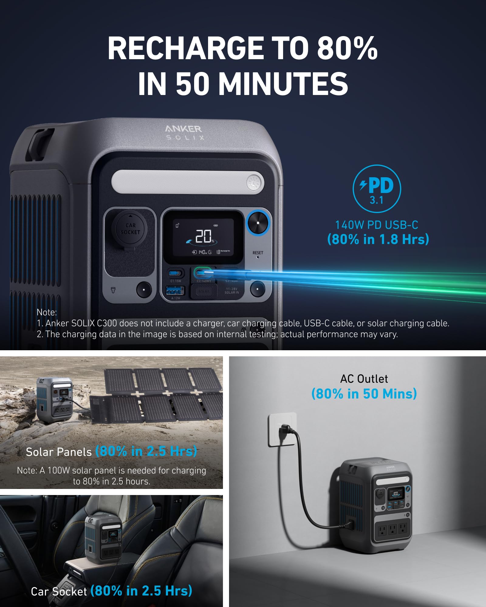 Anker SOLIX C300 Portable Power Station – 288 Wh LiFePO₄, 300 W (600 W Surge), 140 W Two-Way Fast Charge, 8-Port Solar Generator for Camping & Emergencies - Image 11
