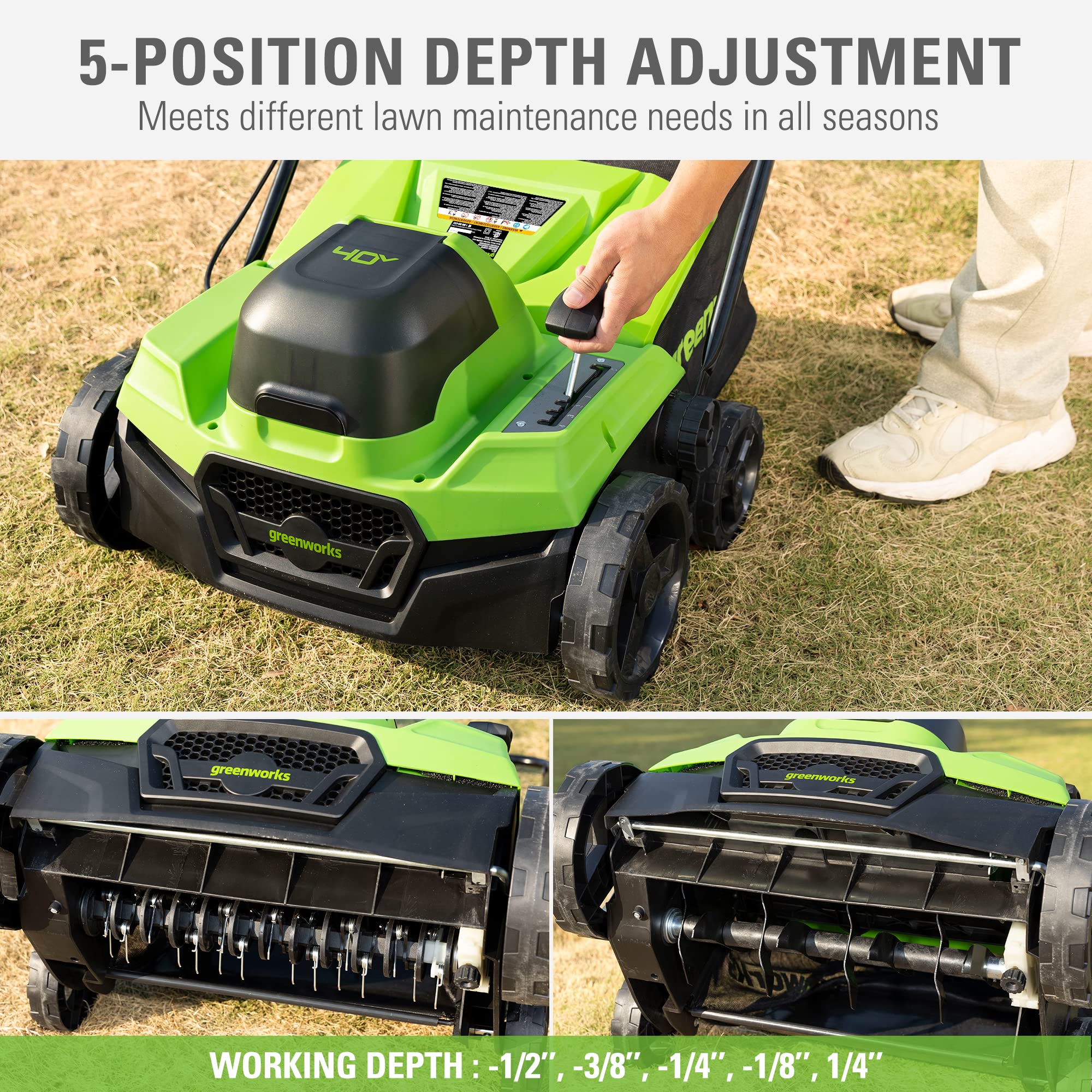 Greenworks 13 Amp Corded Dethatcher & Scarifier – 14″ (35.6 cm) Deck, 5-Position Depth (DT13B00) - Image 29