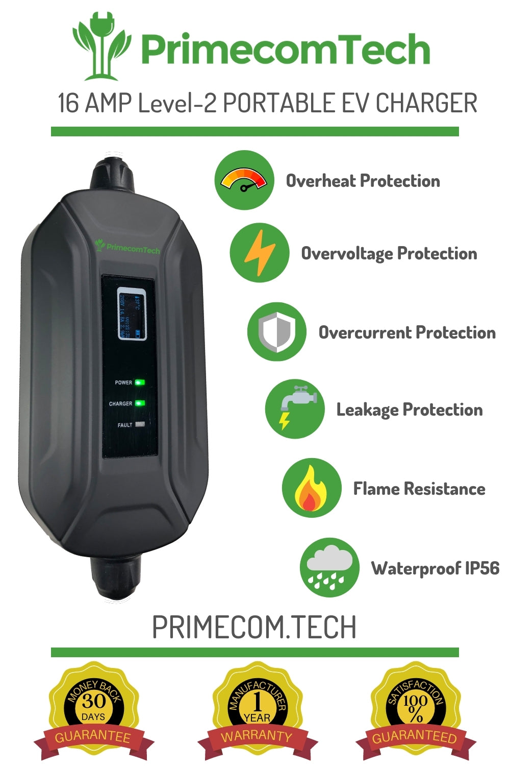 Primecom.Tech 16 Amp Level 2 Electric Vehicle (EV) Charger 3X to 4X faster 220 Volt 30', 40', 50' Feet Lengths Only In ElectoGb
