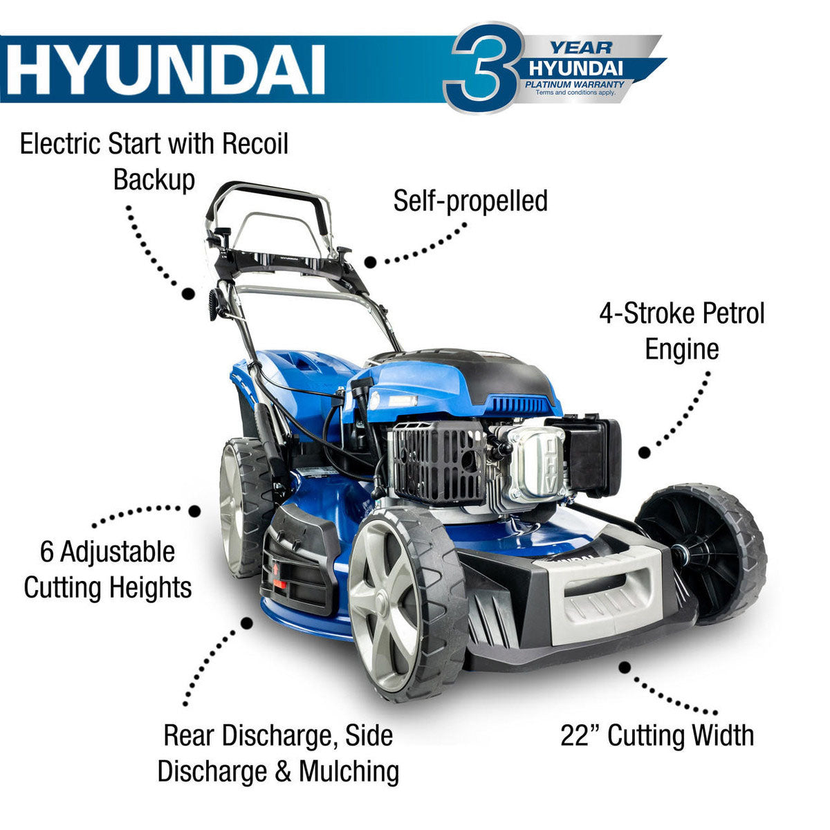 Hyundai HYM560SPE 4-in-1 Electric-Start Self-Propelled Petrol Lawnmower 56cm-196cc